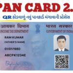 "PAN Card 2.0 poster with QR code highlight and step-by-step process in Gujarati showing how to apply for new secure PAN card."